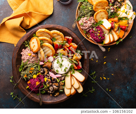 Vegetarian appetizers Georgian cuisine, bread, dips and cheese Vegetarian appetizers Georgian cuisine, bread, dips and cheese 106156102