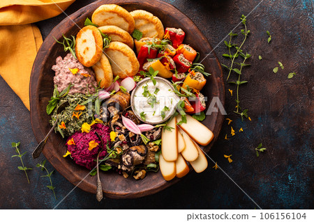 Vegetarian appetizers Georgian cuisine, bread, dips and cheese 106156104