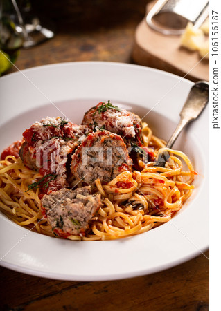Spaghetti with meatballs and tomato sauce on a plate Spaghetti with meatballs and tomato sauce on a plate 106156187