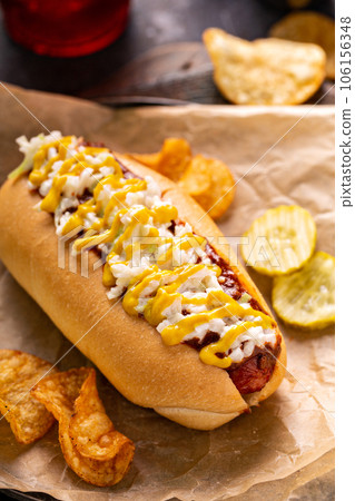 Chili hot dog with onion and mustard Chili hot dog with onion and mustard 106156348