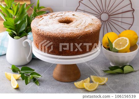 Lemon Poppy Seed Pound Cake with powdered sugar glaze 106156539