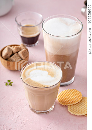 Coffee and espresso drinks in glasses, latte and mocha 106156692