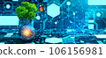 Tree growing on Circuit digital ball. Digital and Technology Convergence. Blue light and Wireframe network background. Green Computing, Green Technology, Green IT, csr, and IT ethics Concept. 106156981