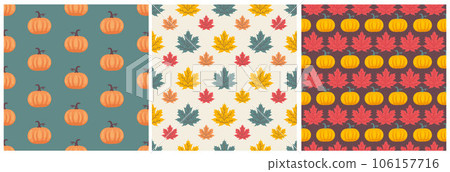 Set of Autumn Season Seamless Pattern Design with Fall Elements in Template Cartoon Illustration 106157716