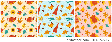 Set of Autumn Season Seamless Pattern Design with Fall Elements in Template Cartoon Illustration 106157717
