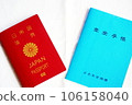 Passport, pension handbook, and identification cards lined up against a white background 106158040