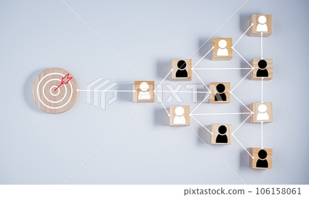 wooden block which prints a target icon connection linkage with human icon on white background. Business goals and objectives concept. business competition. customer focus target group and customer wooden block which prints a target icon connection linkage with human icon on white background. Business goals and objectives concept. business competition. customer focus target group and customer 106158061