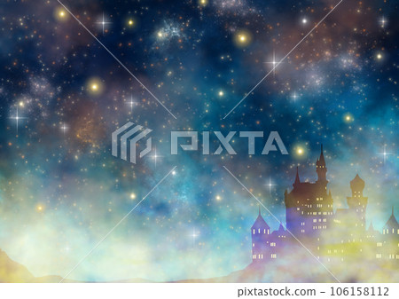 金色閃閃發光的星空和薄霧籠罩的城堡的風景 106158112