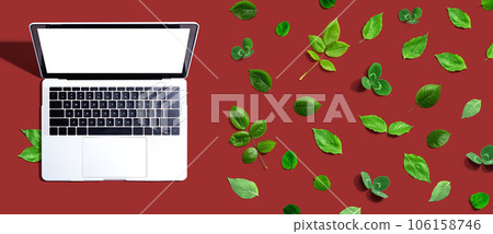 Laptop computer with green leaves Laptop computer with green leaves 106158746