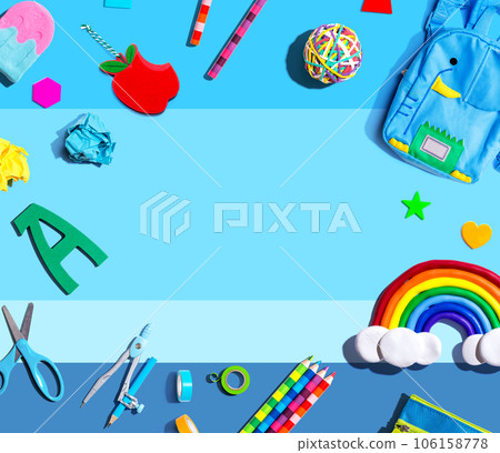 School supplies with a rainbow - overhead view School supplies with a rainbow - overhead view 106158778