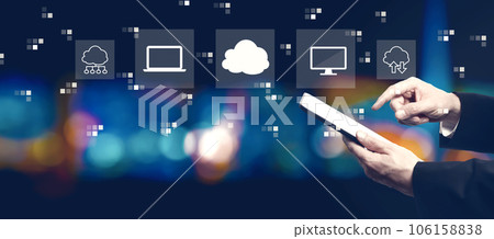 Cloud computing with businessman using a tablet computer Cloud computing with businessman using a tablet computer 106158838