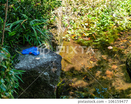 Refreshing scenery of summer, a clear stream flowing from a spring and a misplaced water gun 106159477