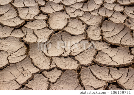 The surface of the bottom of the reservoir dried up and cracked in the sun The surface of the bottom of the reservoir dried up and cracked in the sun 106159751
