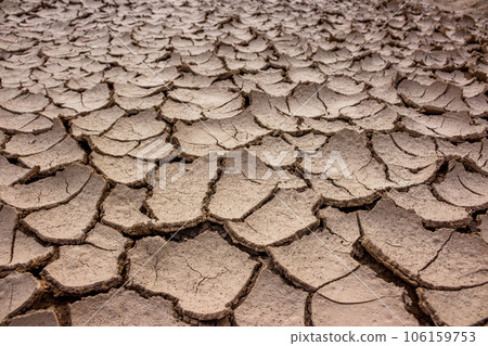 The surface of the bottom of the reservoir dried up and cracked in the sun 106159753