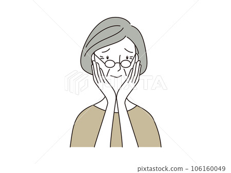 Senior woman, glasses, 60s, 70s, hands on cheeks, worries Senior woman, glasses, 60s, 70s, hands on cheeks, worries 106160049