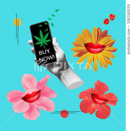 Design or art collage with mobile phone and medical marijuana or cannabis leaf icon. Online buying symbol. Artwork with abstract flowers. Design or art collage with mobile phone and medical marijuana or cannabis leaf icon. Online buying symbol. Artwork with abstract flowers. 106160059