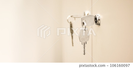 Lockers with keys in office. Secure lock system for safety document files in business office. Gym locker room. Lockers with keys in office. Secure lock system for safety document files in business office. Gym locker room. 106160097