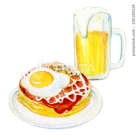 Watercolor illustration Draft beer and okonomiyaki set 106160326