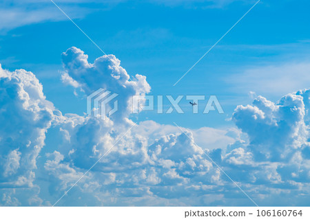 Cumulonimbus clouds rising in the summer sky and airplanes flying around a-1 Cumulonimbus clouds rising in the summer sky and airplanes flying around a-1 106160764