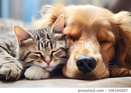 Cute cat and dog sleeping together on sofa at home, closeup.GenerativeAI. Cute cat and dog sleeping together on sofa at home, closeup.GenerativeAI. 106160807