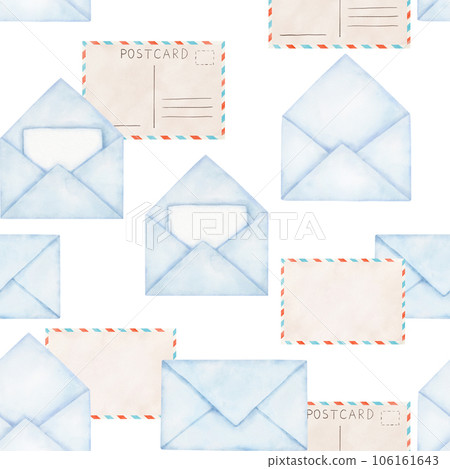 Seamless watercolor pattern with open and closed envelopes, postcards on white background 106161643