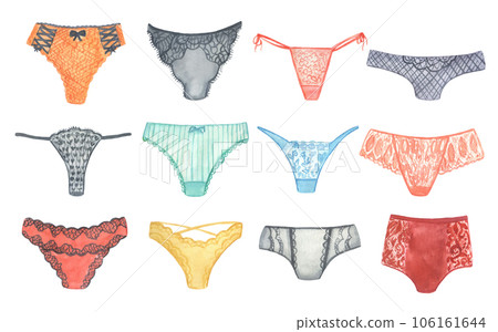 Female underpants isolated on white background. Woman pants different types. Watercolor set. Female underpants isolated on white background. Woman pants different types. Watercolor set. 106161644