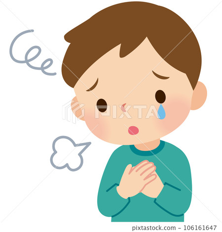 男孩嘆著氣，表情不安，流著淚 106161647