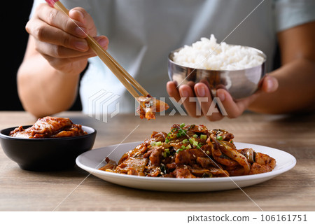 Korean stir fried kimchi cabbage with pork eating with kimchi and cooked rice Korean stir fried kimchi cabbage with pork eating with kimchi and cooked rice 106161751