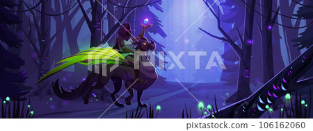 Mysterious knight riding griffin in night forest 106162060