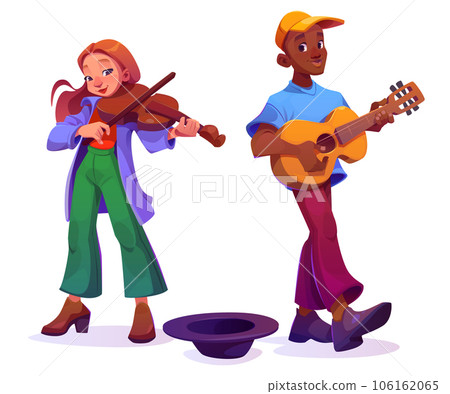 Street musicians playing on guitar and violin 106162065