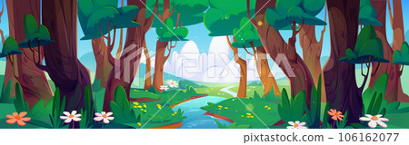 Forest river and meadow cartoon landscape. 106162077