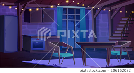 Night castle kitchen interior with dining table 106162082