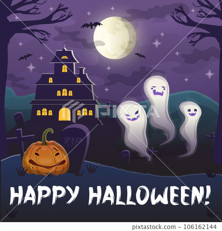 Halloween purple background with night moon, with castle, ghosts and pumpkin, graves. Stock vector illustration isolated in cartoon style. 106162144