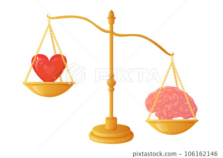 The heart outweighs the intellect on the scales. Brain heart balance illustration concept. Hard to make choice symbol. Love or mind decision stock vector illustration in flat cartoon style. The heart outweighs the intellect on the scales. Brain heart balance illustration concept. Hard to make choice symbol. Love or mind decision stock vector illustration in flat cartoon style. 106162146
