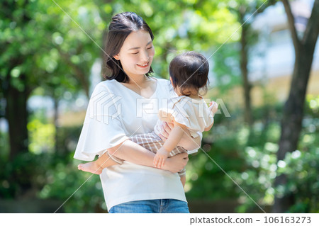 Young mother taking a walk with her baby in the park 106163273