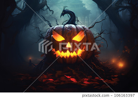 Scary halloween pumpkin in the dark forest.3D... - Stock Illustration ...