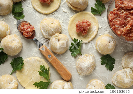 Cooking home food concept with raw dumplings 106163655