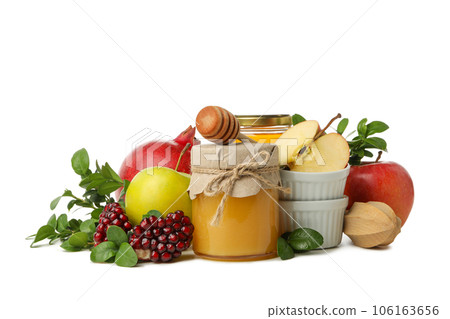 PNG, apples, pomegranates and jar of honey, isolated on white background 106163656