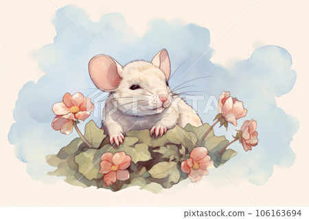 Cute mouse and little pink flowers watercolor Cute mouse and little pink flowers watercolor 106163694