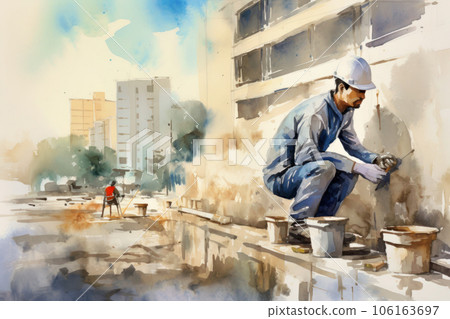 Painter repairing the outer wall of a building 106163697