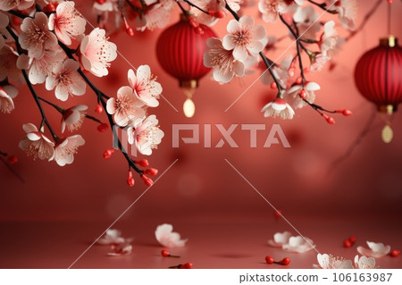 Chinese new year concept paper art style background. Dragon and cherry blossom red background. 106163987