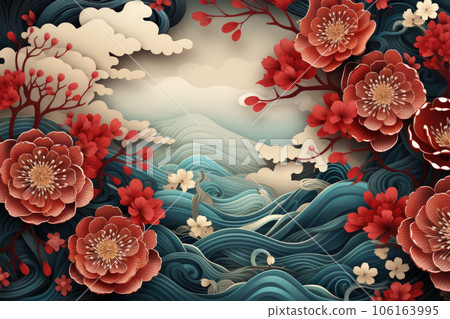 Chinese new year concept paper art style background. Dragon and cherry blossom red background. Chinese new year concept paper art style background. Dragon and cherry blossom red background. 106163995