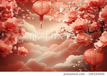 Chinese new year concept paper art style background. Dragon and cherry blossom red background. Chinese new year concept paper art style background. Dragon and cherry blossom red background. 106164000