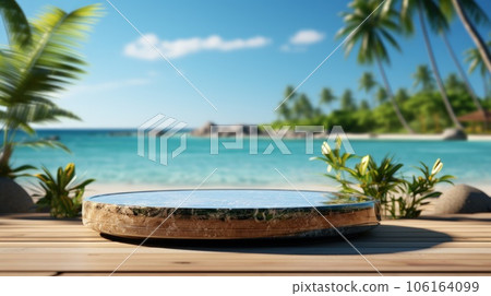 3D render empty luxury podium on blur beach tropical Caribbean  background. 106164099
