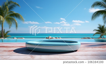 3D render empty luxury podium on blur beach tropical Caribbean  background. 106164100