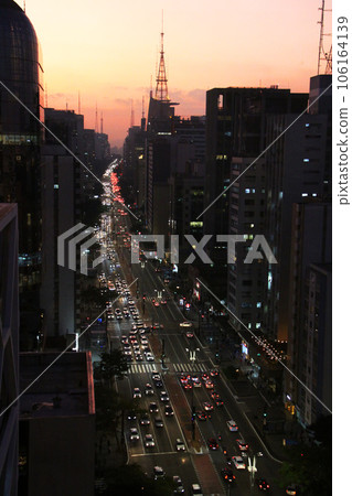 Evening view of Paulista Boulevard in Sao Paulo's business district, Brazil Evening view of Paulista Boulevard in Sao Paulo's business district, Brazil 106164139