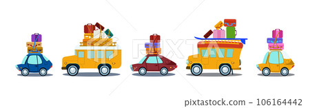 Car and Vehicle Travel with Load of Trunk and Suitcase on Top Vector Set 106164442