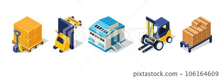 Warehouse Objects with House, Fork Lifter and Cardboard Box Isometric Vector Set Warehouse Objects with House, Fork Lifter and Cardboard Box Isometric Vector Set 106164609