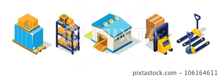 Warehouse Objects with House and Cardboard Box Isometric Vector Set 106164611