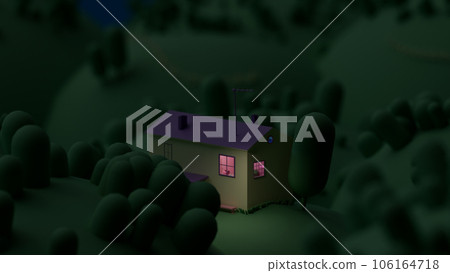 Night cartoon landscape with house. 3d render, 3d illustration. 106164718